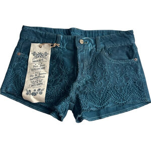 Farm Rio Teal Blue Crochet Overlay Denim Shorts BNWT High Rise Size 38
